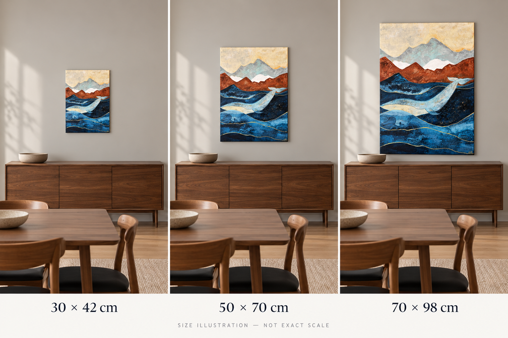 Størrelsesillustrasjon av trykk: 30 × 42, 50 × 70 og 70 × 98 cm