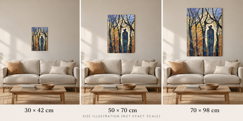 Størrelsesillustrasjon av trykk: 30 × 42, 50 × 70 og 70 × 98 cm