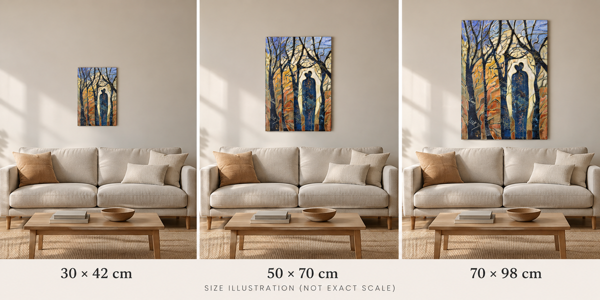 Størrelsesillustrasjon av trykk: 30 × 42, 50 × 70 og 70 × 98 cm